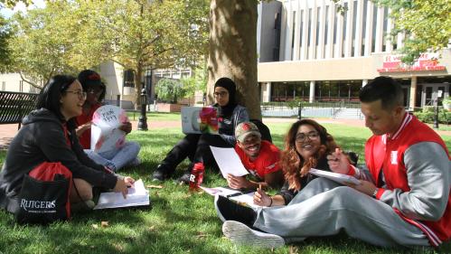 Newark students study in the grass
