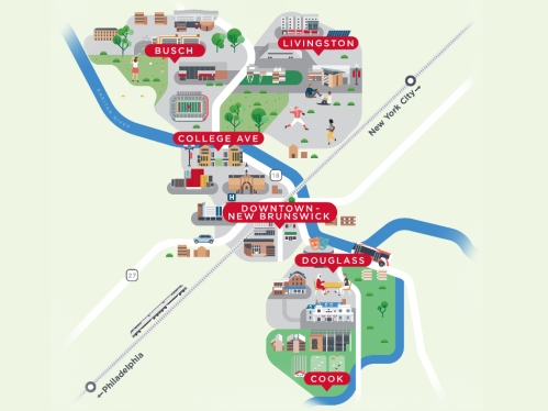 An illustrated map of Rutgers–New Brunswick's campuses