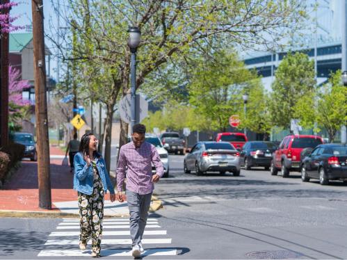 two students walking on campus at Rutgers–Camden